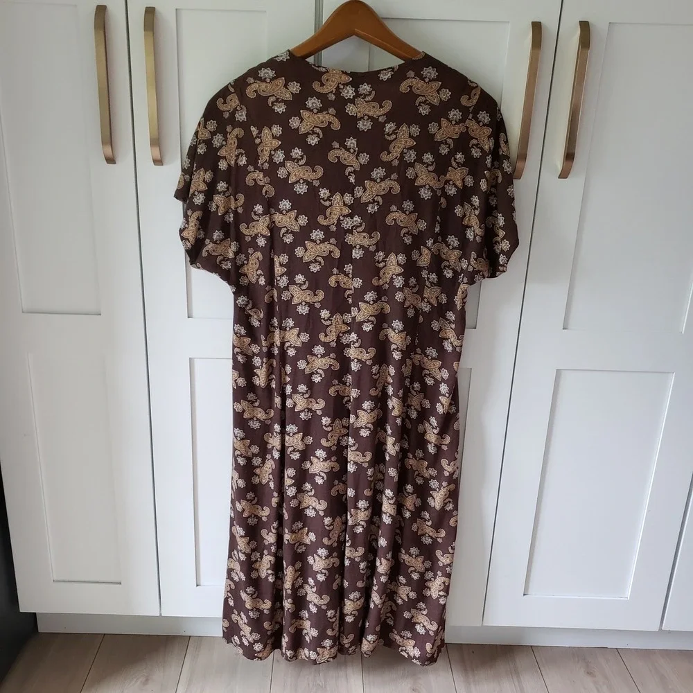 Vintage‎ Paisley Dress Womens 5X Brown Button Front Short Sleeve Flowy Long Maxi
